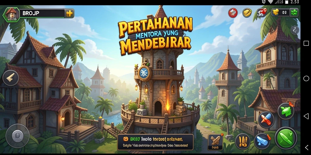 Tampilan gameplay BROJP dengan pertahanan menara yang epik.