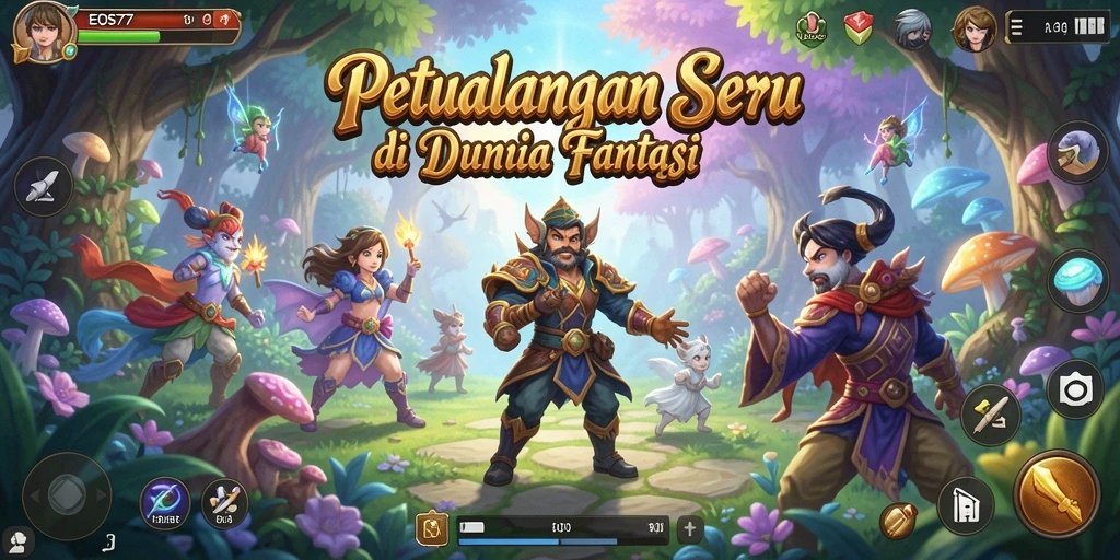 Screenshot gameplay dari EOS77 yang menampilkan eksplorasi dunia petualangan.