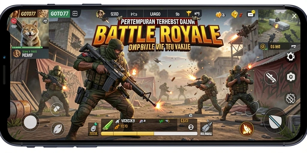 Tangkapan layar utama GOTO77 menampilkan aksi pertempuran seru Battle Royale.