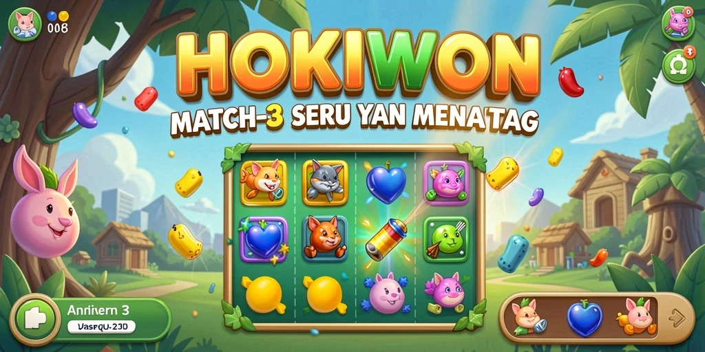 Screenshot HOKIWON menampilkan gameplay Match-3 yang seru.