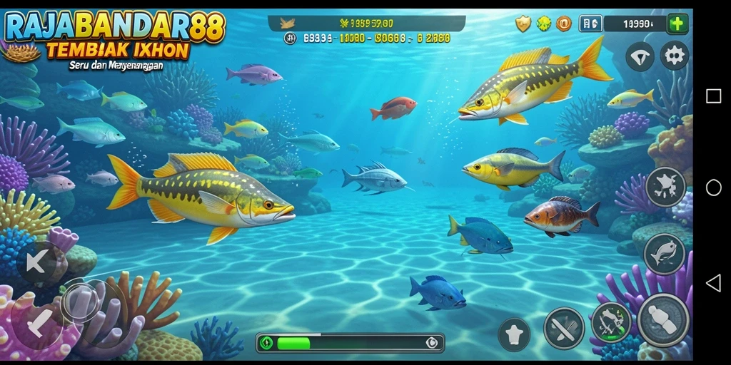 Screenshot gameplay RAJABANDAR88 menunjukkan aksi menembak ikan yang seru.