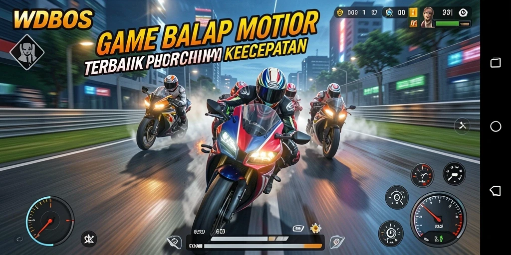 Tangkapan layar utama WDBOS menampilkan aksi balapan motor yang mendebarkan.